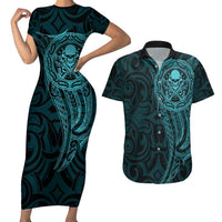 New Zealand Skull Darts Couples Matching Short Sleeve Bodycon Dress and Hawaiian Shirt Aotearoa Maori Chest Tattoo Stylized Teal - Polynesian Pride