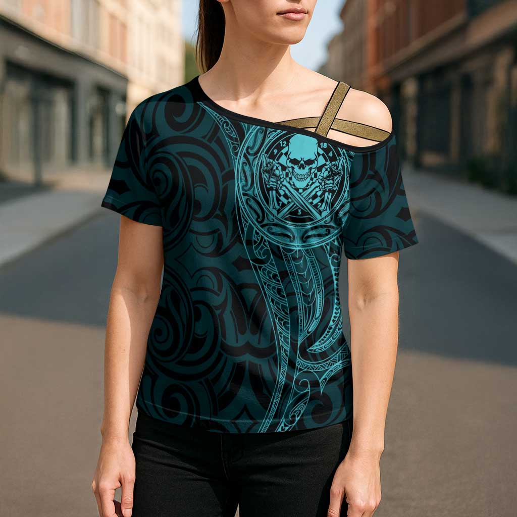 New Zealand Skull Darts Cross Shoulder Shirt Aotearoa Maori Chest Tattoo Stylized Teal - Polynesian Pride