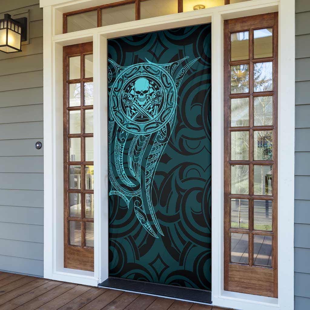 New Zealand Skull Darts Door Cover Aotearoa Maori Chest Tattoo Stylized Teal - Polynesian Pride