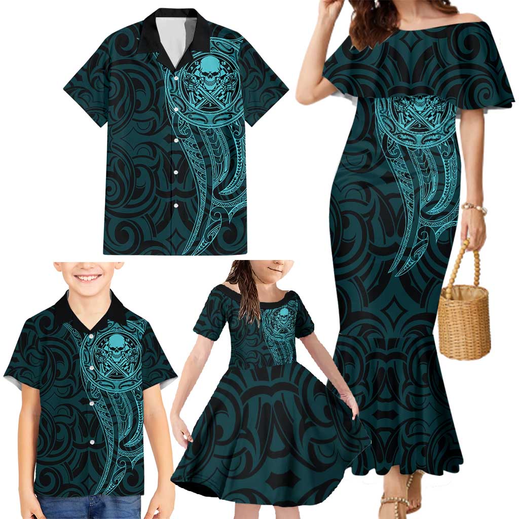 New Zealand Skull Darts Family Matching Mermaid Dress and Hawaiian Shirt Aotearoa Maori Chest Tattoo Stylized Teal - Polynesian Pride