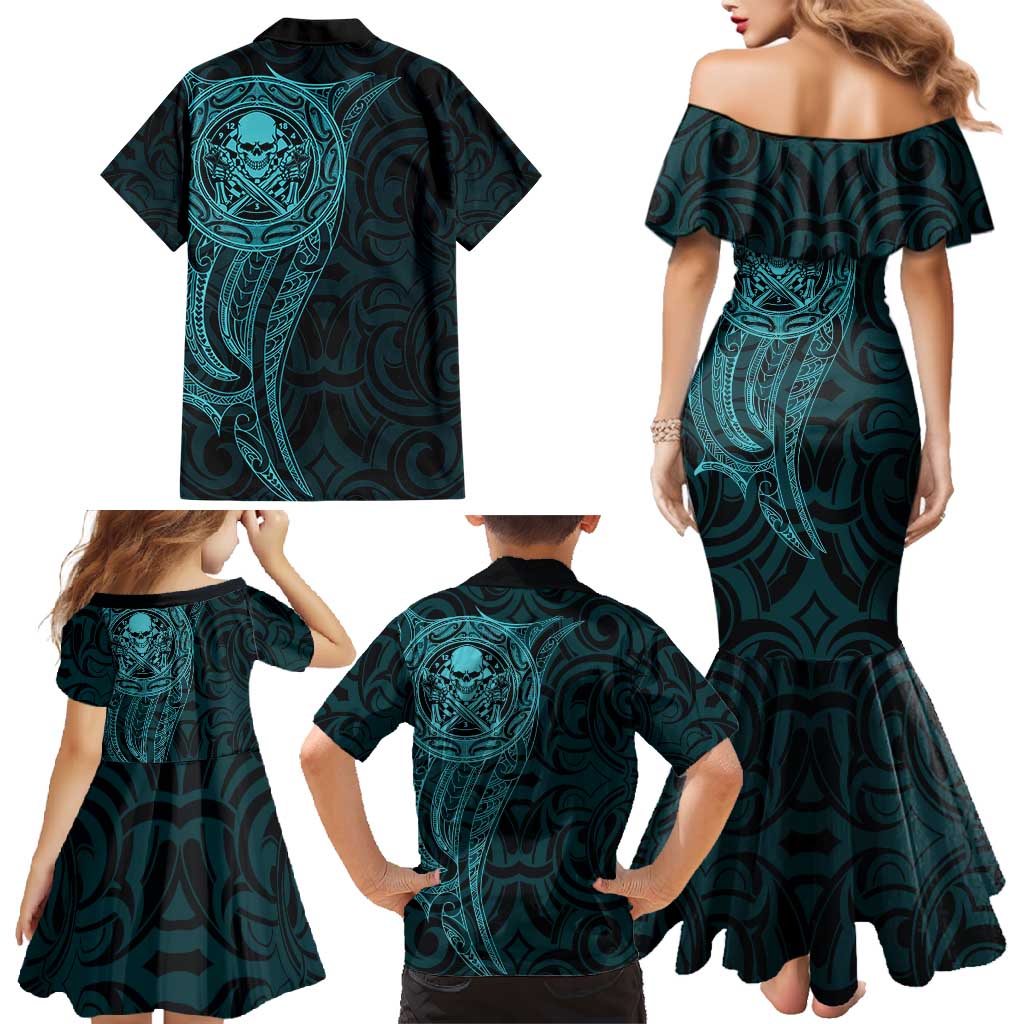 New Zealand Skull Darts Family Matching Mermaid Dress and Hawaiian Shirt Aotearoa Maori Chest Tattoo Stylized Teal - Polynesian Pride