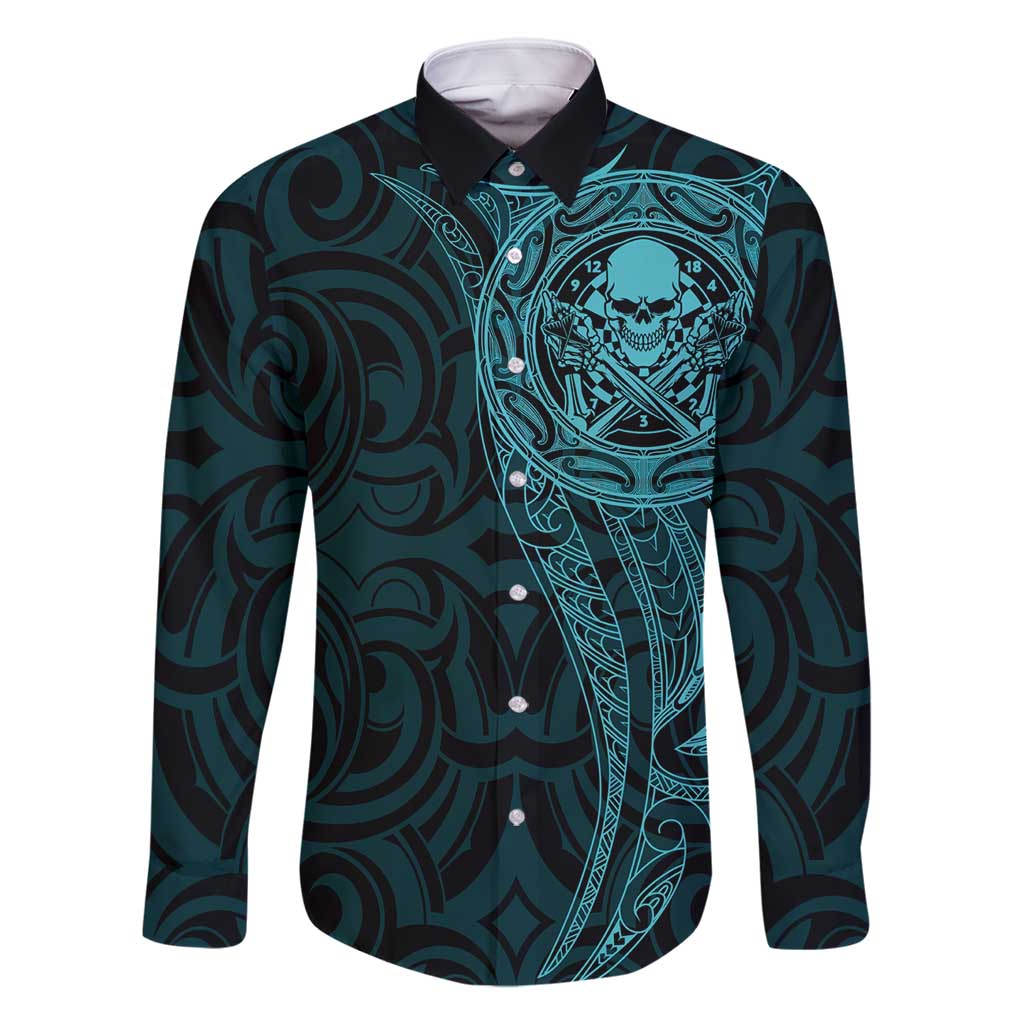 New Zealand Skull Darts Family Matching Mermaid Dress and Hawaiian Shirt Aotearoa Maori Chest Tattoo Stylized Teal - Polynesian Pride