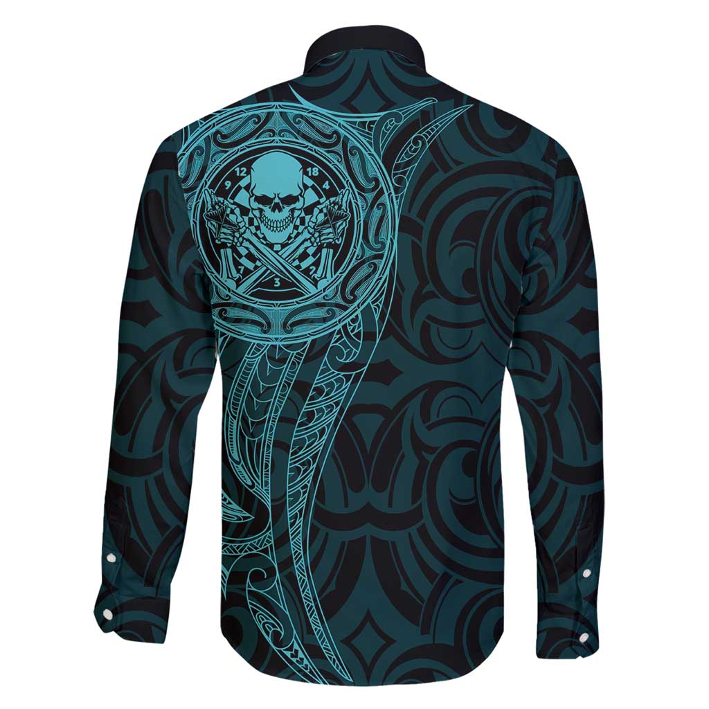New Zealand Skull Darts Family Matching Off Shoulder Maxi Dress and Hawaiian Shirt Aotearoa Maori Chest Tattoo Stylized Teal - Polynesian Pride