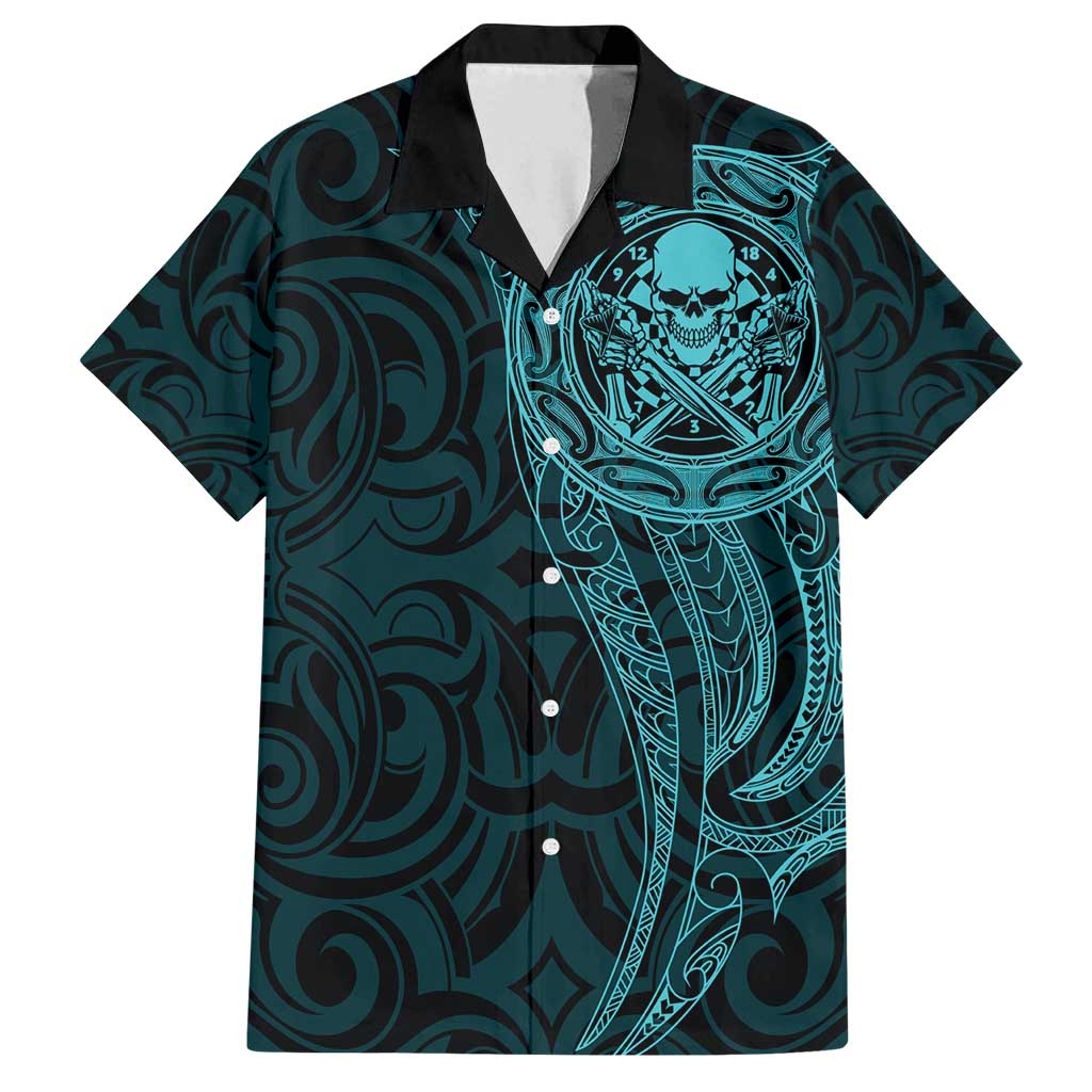 New Zealand Skull Darts Family Matching Puletasi and Hawaiian Shirt Aotearoa Maori Chest Tattoo Stylized Teal - Polynesian Pride