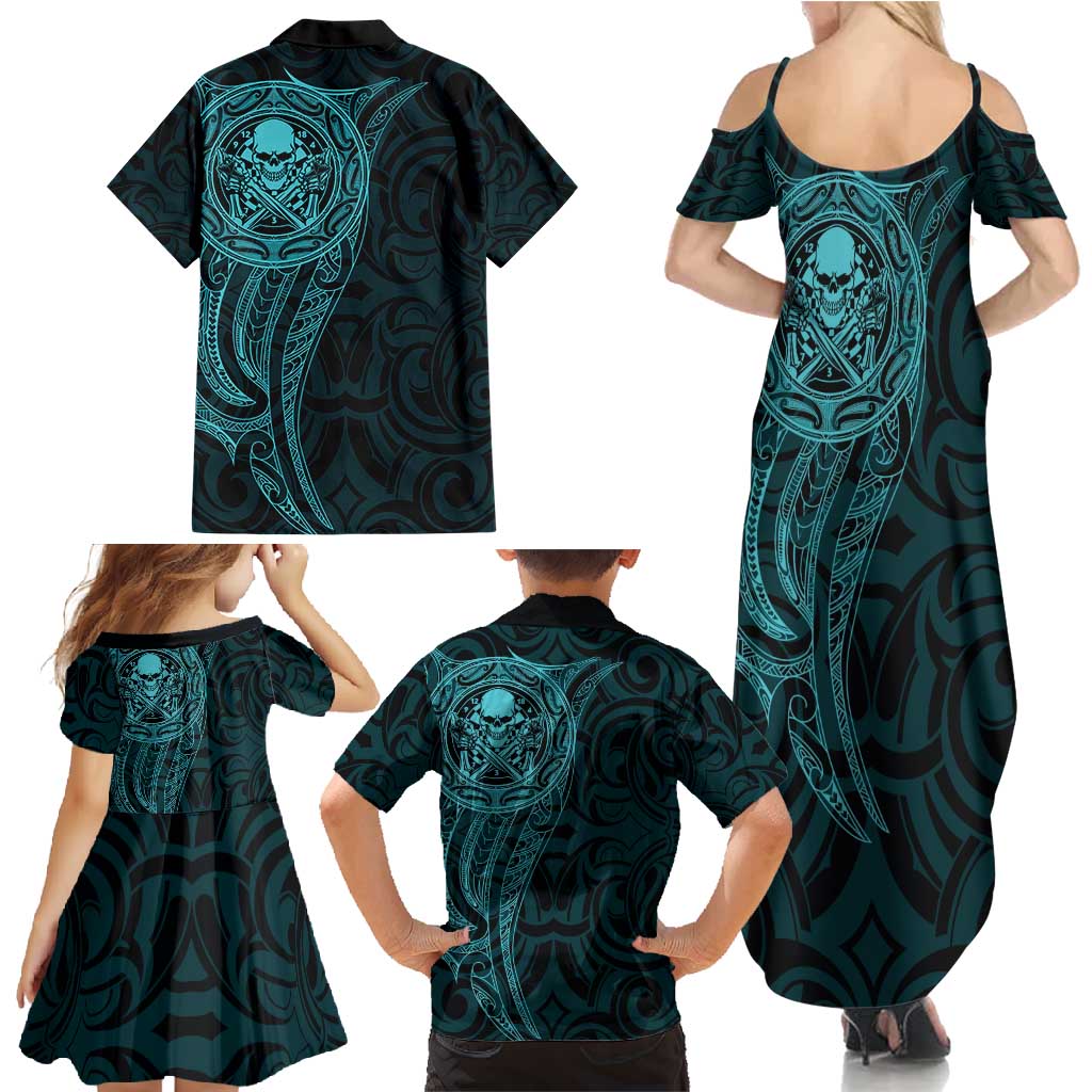New Zealand Skull Darts Family Matching Summer Maxi Dress and Hawaiian Shirt Aotearoa Maori Chest Tattoo Stylized Teal - Polynesian Pride