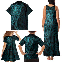 New Zealand Skull Darts Family Matching Tank Maxi Dress and Hawaiian Shirt Aotearoa Maori Chest Tattoo Stylized Teal - Polynesian Pride