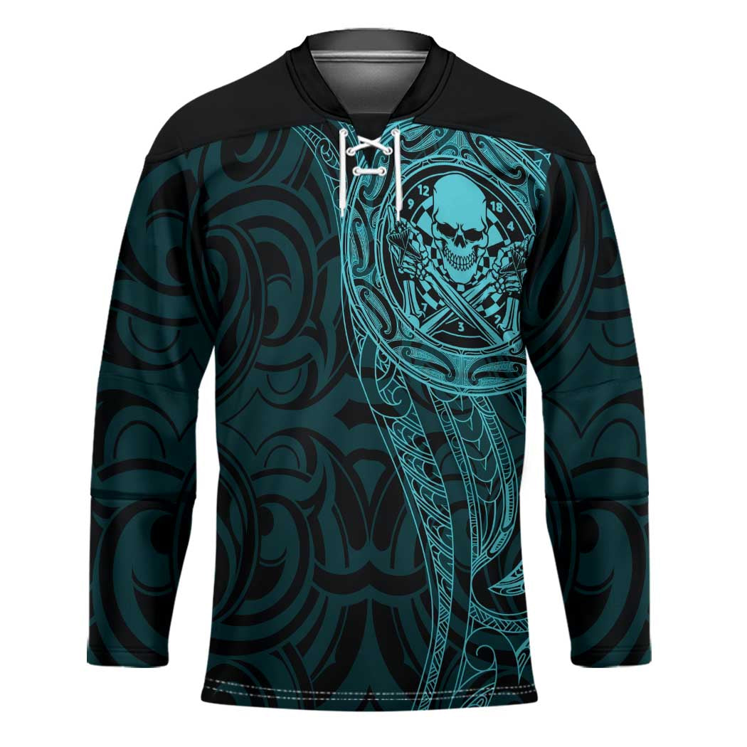 New Zealand Skull Darts Hockey Jersey Aotearoa Maori Chest Tattoo Stylized Teal - Polynesian Pride