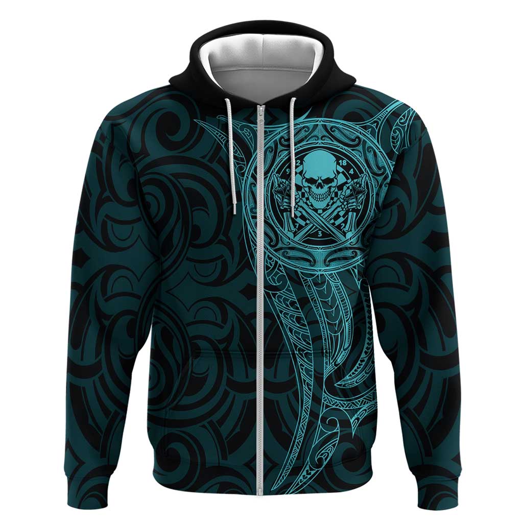 New Zealand Skull Darts Hoodie Aotearoa Maori Chest Tattoo Stylized Teal - Polynesian Pride