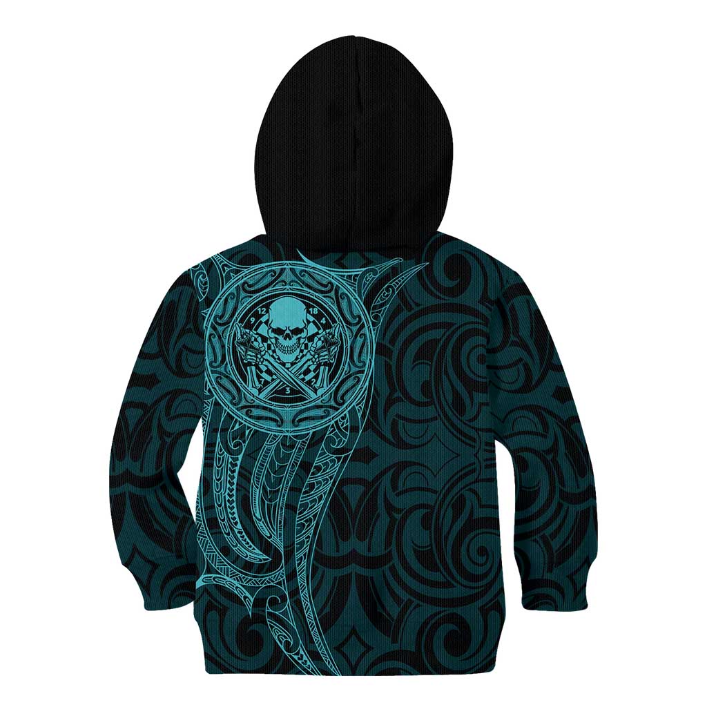 New Zealand Skull Darts Kid Hoodie Aotearoa Maori Chest Tattoo Stylized Teal - Polynesian Pride