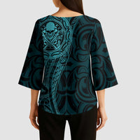 New Zealand Skull Darts Kimono Sleeve Blouse Aotearoa Maori Chest Tattoo Stylized Teal - Polynesian Pride