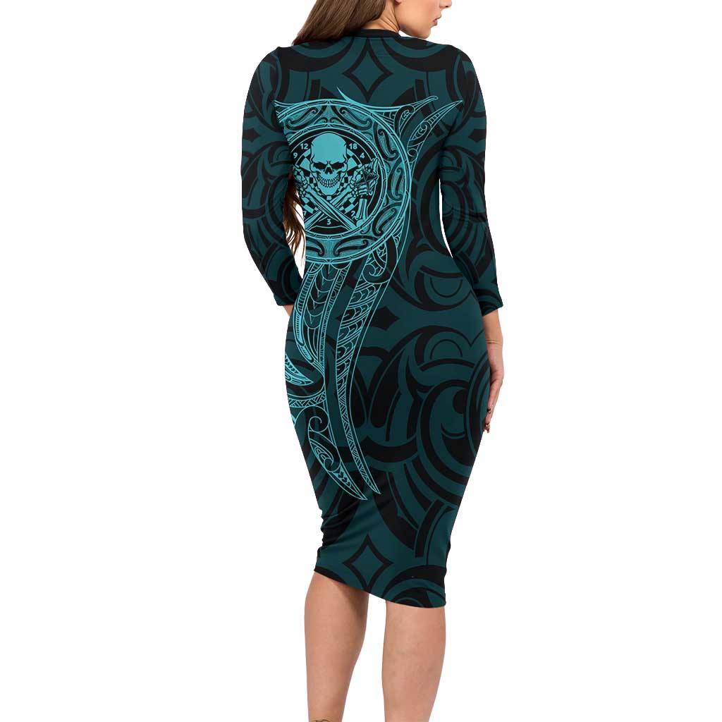 New Zealand Skull Darts Long Sleeve Bodycon Dress Aotearoa Maori Chest Tattoo Stylized Teal - Polynesian Pride