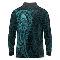 New Zealand Skull Darts Long Sleeve Polo Shirt Aotearoa Maori Chest Tattoo Stylized Teal - Polynesian Pride