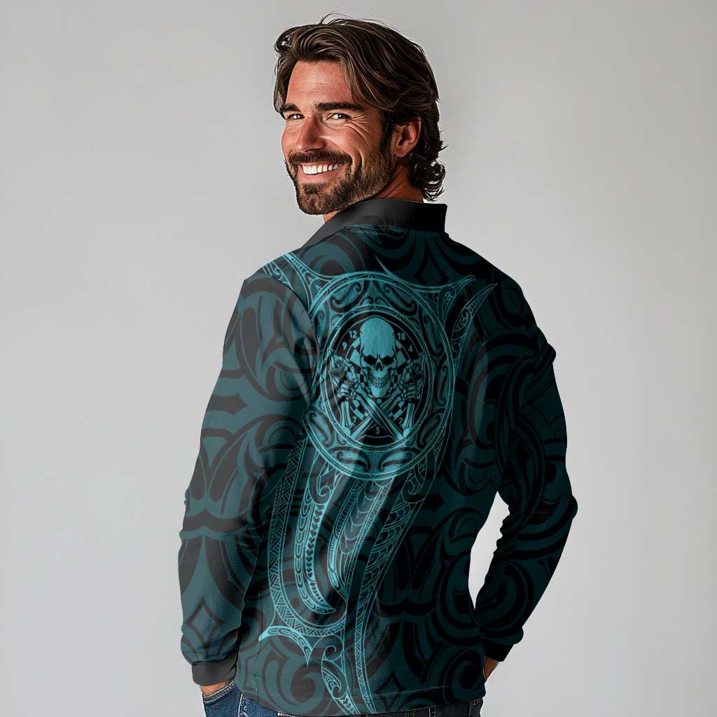 New Zealand Skull Darts Long Sleeve Polo Shirt Aotearoa Maori Chest Tattoo Stylized Teal - Polynesian Pride