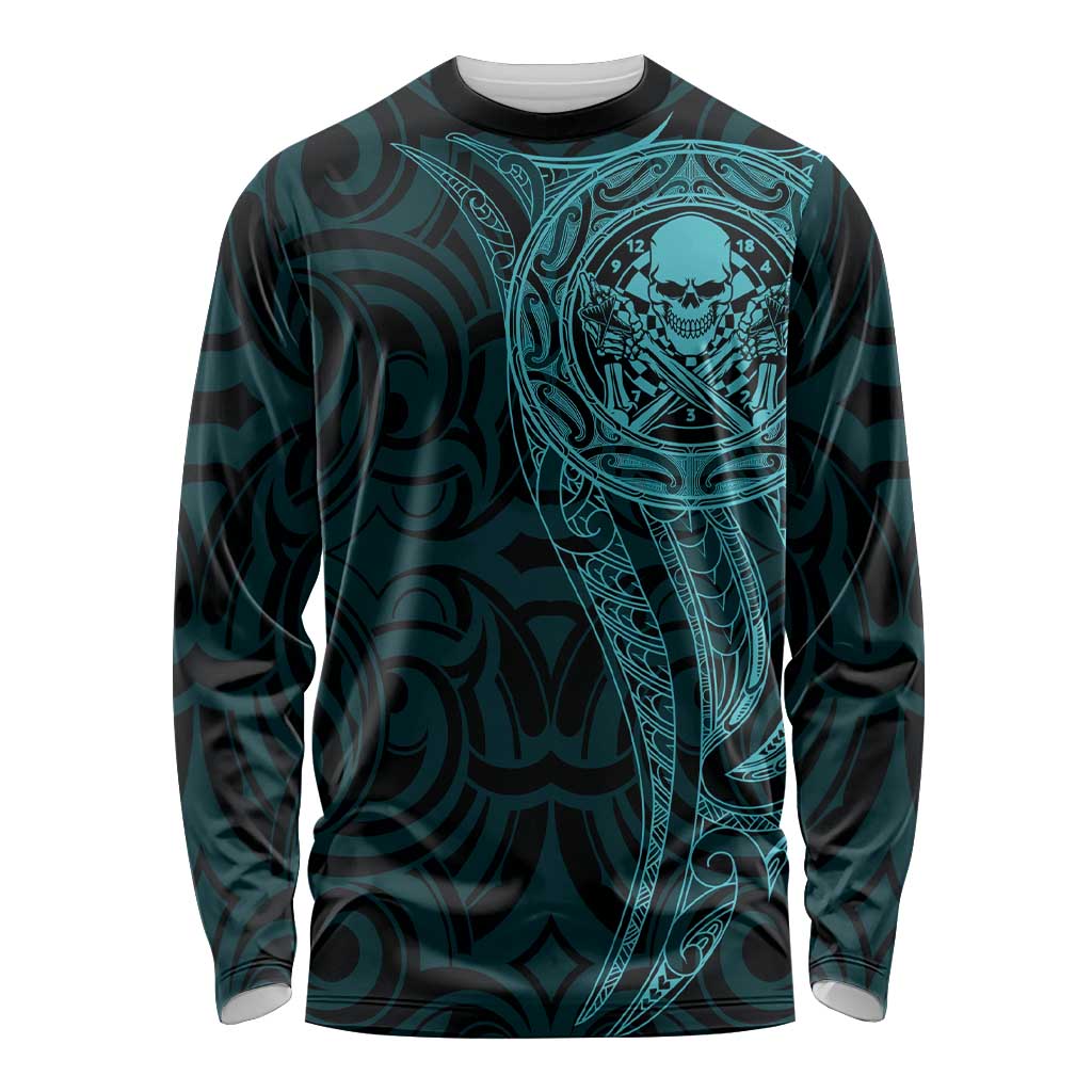 New Zealand Skull Darts Long Sleeve Shirt Aotearoa Maori Chest Tattoo Stylized Teal - Polynesian Pride