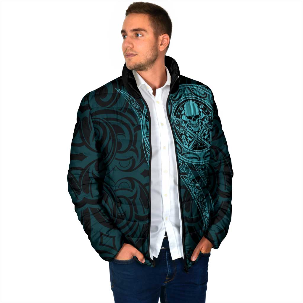 New Zealand Skull Darts Padded Jacket Aotearoa Maori Chest Tattoo Stylized Teal - Polynesian Pride