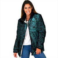 New Zealand Skull Darts Padded Jacket Aotearoa Maori Chest Tattoo Stylized Teal - Polynesian Pride
