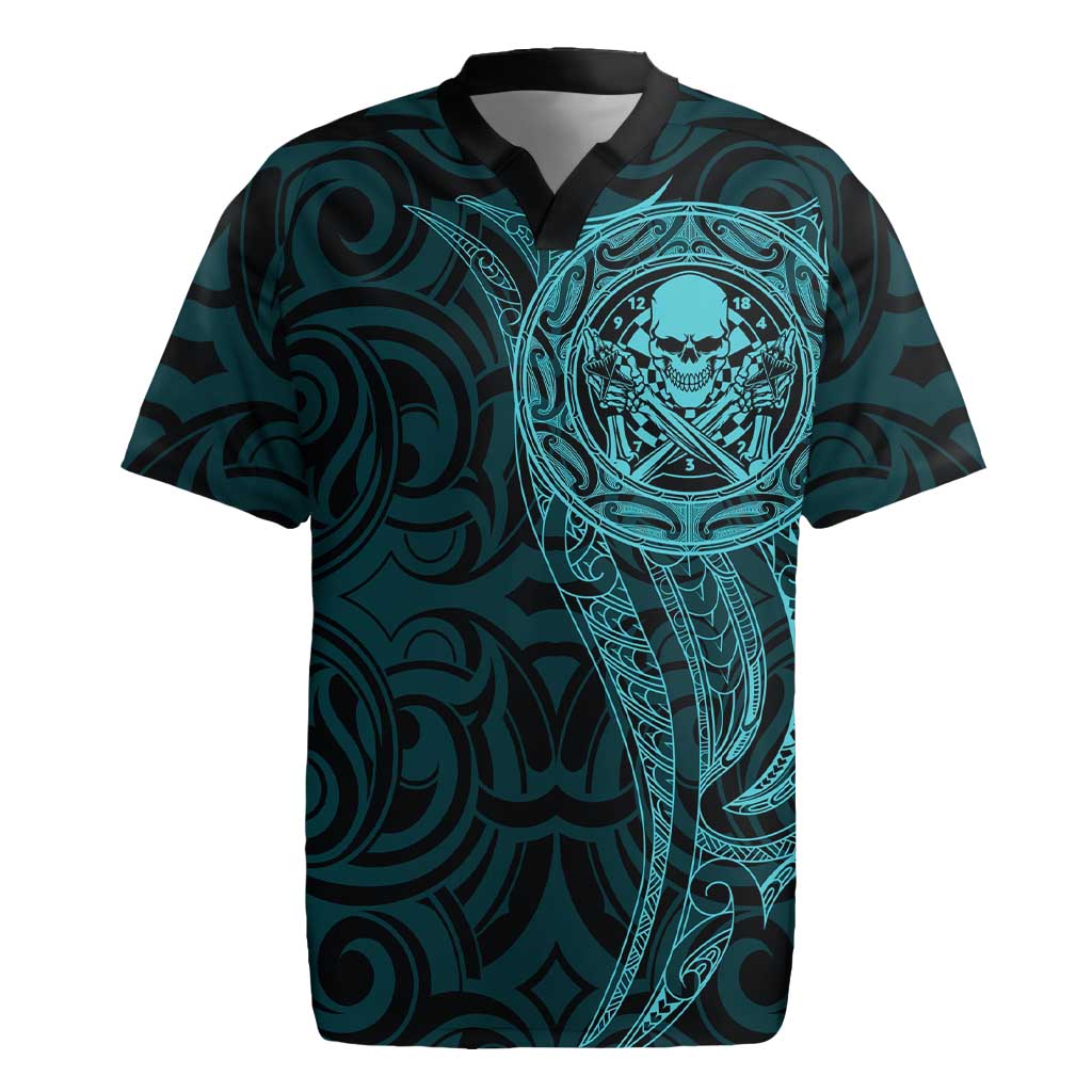 New Zealand Skull Darts Rugby Jersey Aotearoa Maori Chest Tattoo Stylized Teal - Polynesian Pride