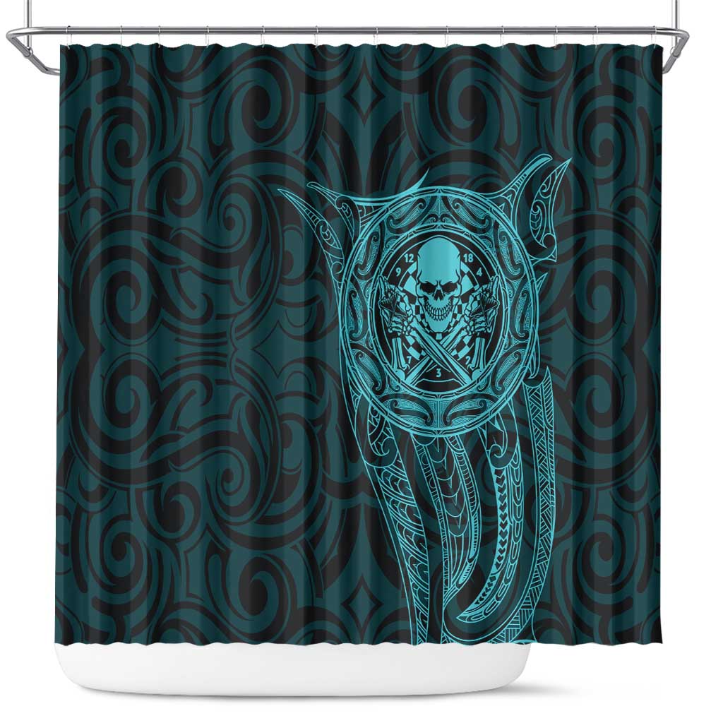 New Zealand Skull Darts Shower Curtain Aotearoa Maori Chest Tattoo Stylized Teal - Polynesian Pride