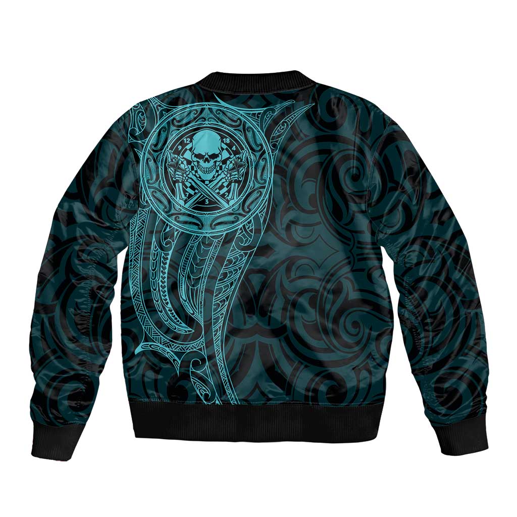 New Zealand Skull Darts Sleeve Zip Bomber Jacket Aotearoa Maori Chest Tattoo Stylized Teal - Polynesian Pride