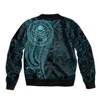 New Zealand Skull Darts Sleeve Zip Bomber Jacket Aotearoa Maori Chest Tattoo Stylized Teal - Polynesian Pride