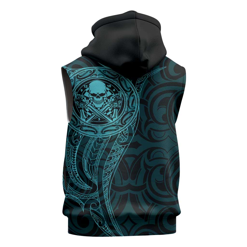 New Zealand Skull Darts Sleeveless Zip Hoodie Aotearoa Maori Chest Tattoo Stylized Teal - Polynesian Pride