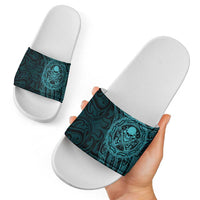 New Zealand Skull Darts Slide Sandals Aotearoa Maori Chest Tattoo Stylized Teal - Polynesian Pride