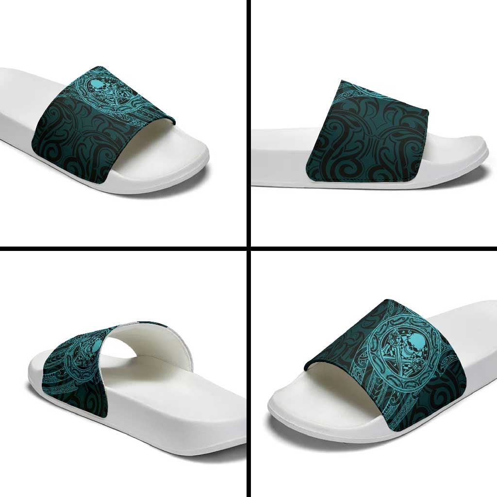 New Zealand Skull Darts Slide Sandals Aotearoa Maori Chest Tattoo Stylized Teal - Polynesian Pride