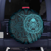 New Zealand Skull Darts Spare Tire Cover Aotearoa Maori Chest Tattoo Stylized Teal - Polynesian Pride
