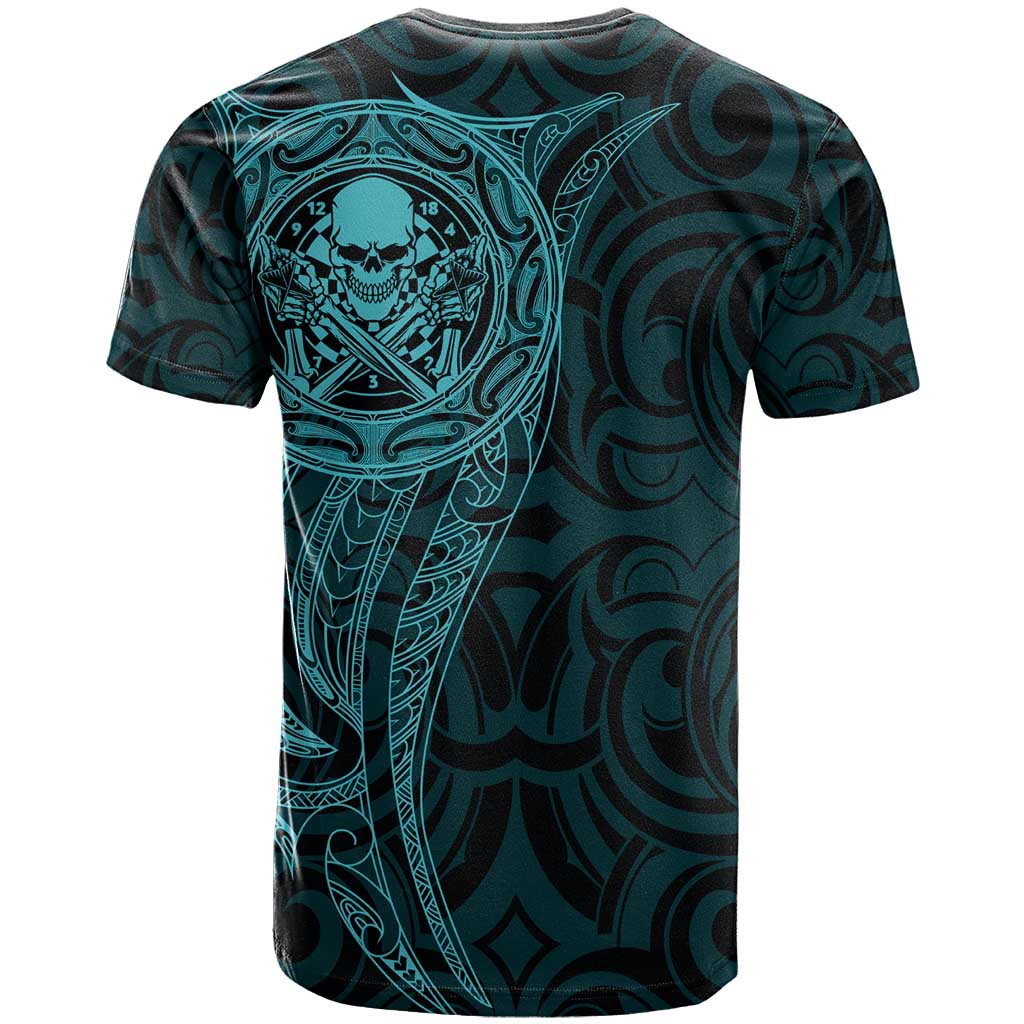 New Zealand Skull Darts T Shirt Aotearoa Maori Chest Tattoo Stylized Teal - Polynesian Pride