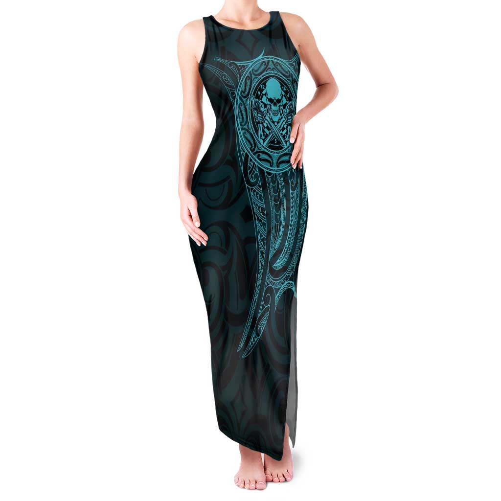 New Zealand Skull Darts Tank Maxi Dress Aotearoa Maori Chest Tattoo Stylized Teal - Polynesian Pride