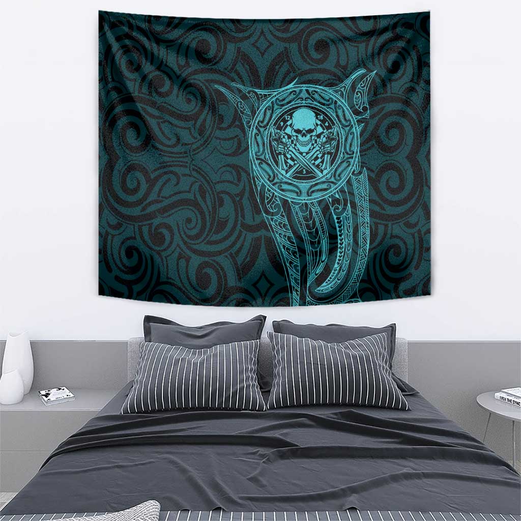 New Zealand Skull Darts Tapestry Aotearoa Maori Chest Tattoo Stylized Teal - Polynesian Pride