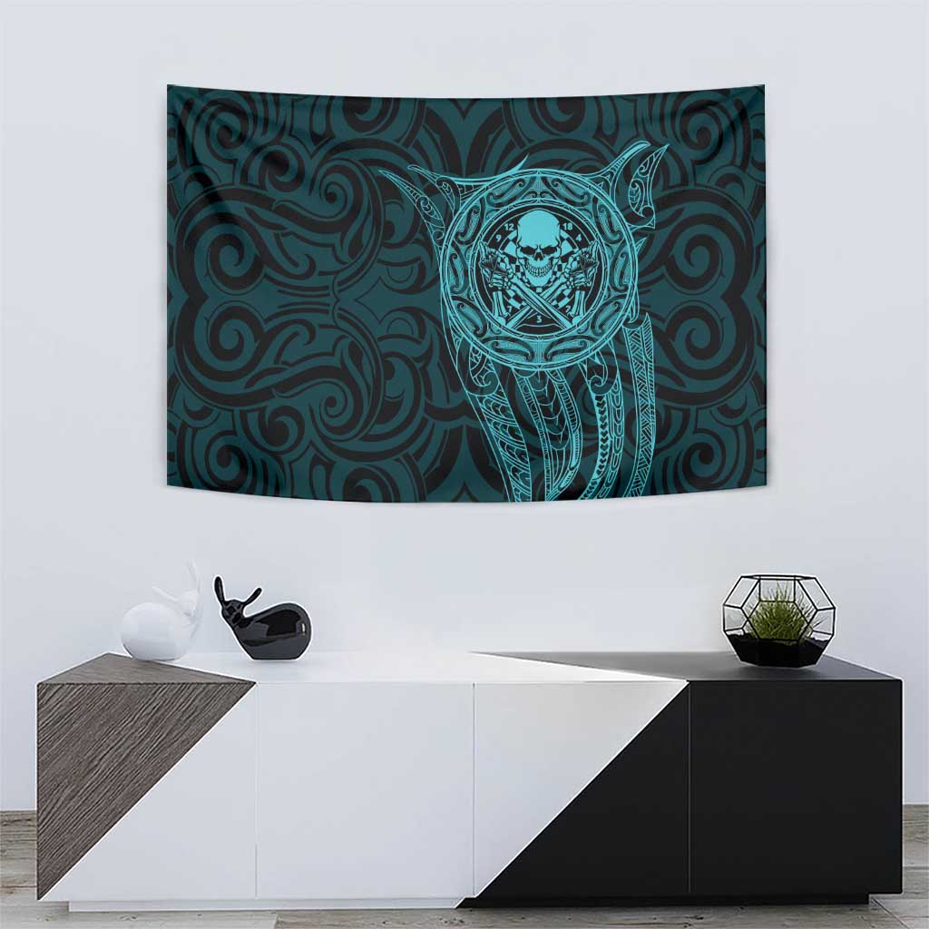 New Zealand Skull Darts Tapestry Aotearoa Maori Chest Tattoo Stylized Teal - Polynesian Pride
