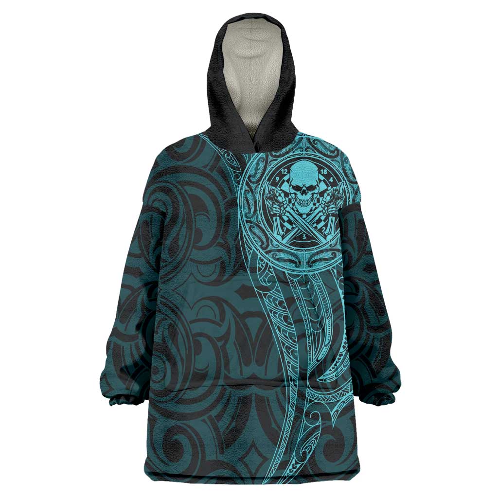New Zealand Skull Darts Wearable Blanket Hoodie Aotearoa Maori Chest Tattoo Stylized Teal - Polynesian Pride