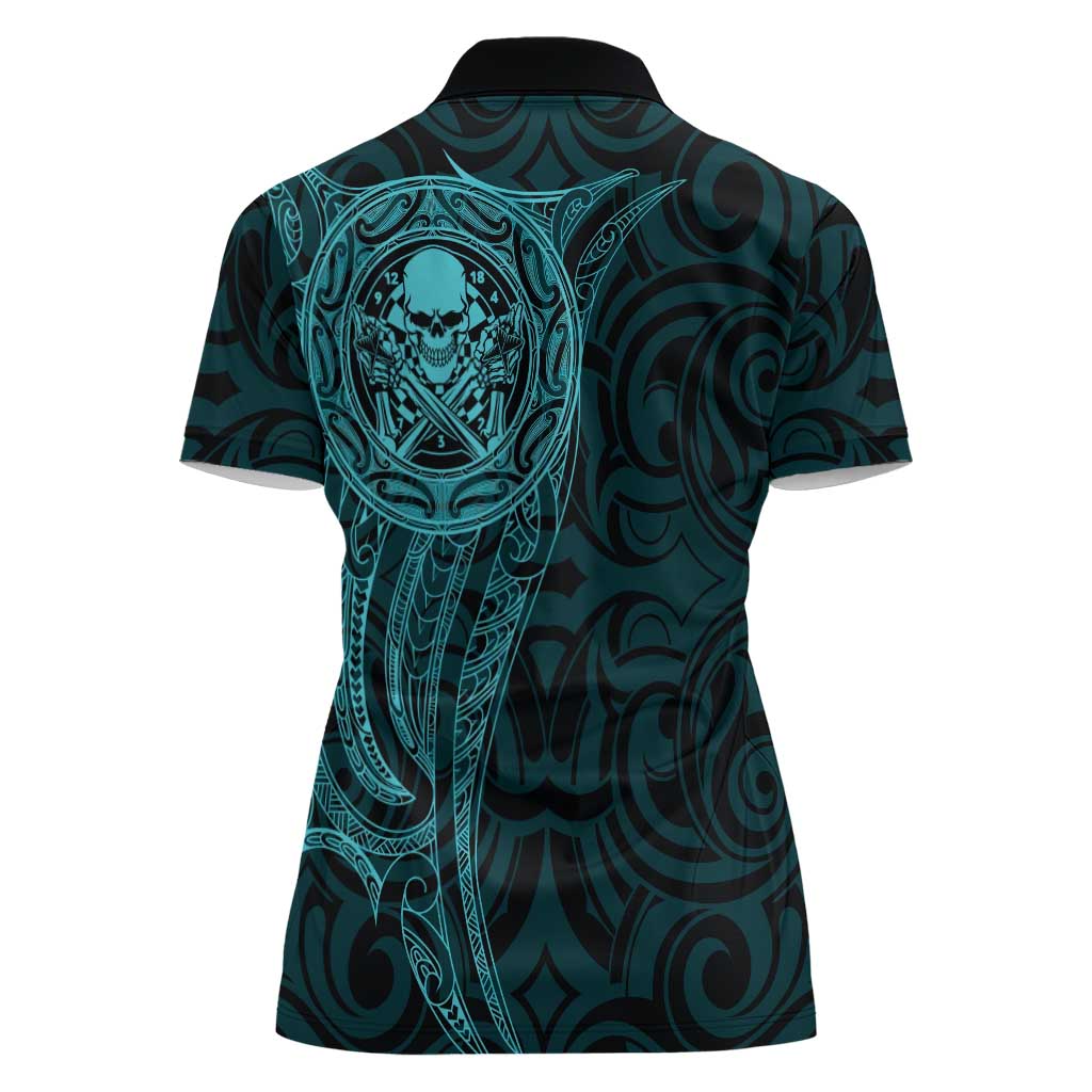 New Zealand Skull Darts Women Polo Shirt Aotearoa Maori Chest Tattoo Stylized Teal - Polynesian Pride