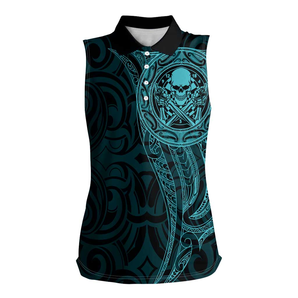 New Zealand Skull Darts Women Sleeveless Polo Shirt Aotearoa Maori Chest Tattoo Stylized Teal - Polynesian Pride