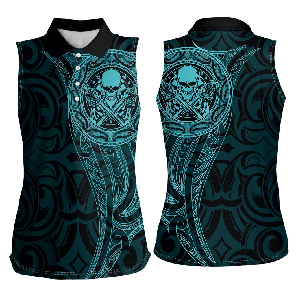 New Zealand Skull Darts Women Sleeveless Polo Shirt Aotearoa Maori Chest Tattoo Stylized Teal - Polynesian Pride