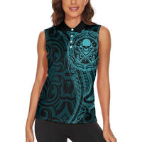 New Zealand Skull Darts Women Sleeveless Polo Shirt Aotearoa Maori Chest Tattoo Stylized Teal - Polynesian Pride