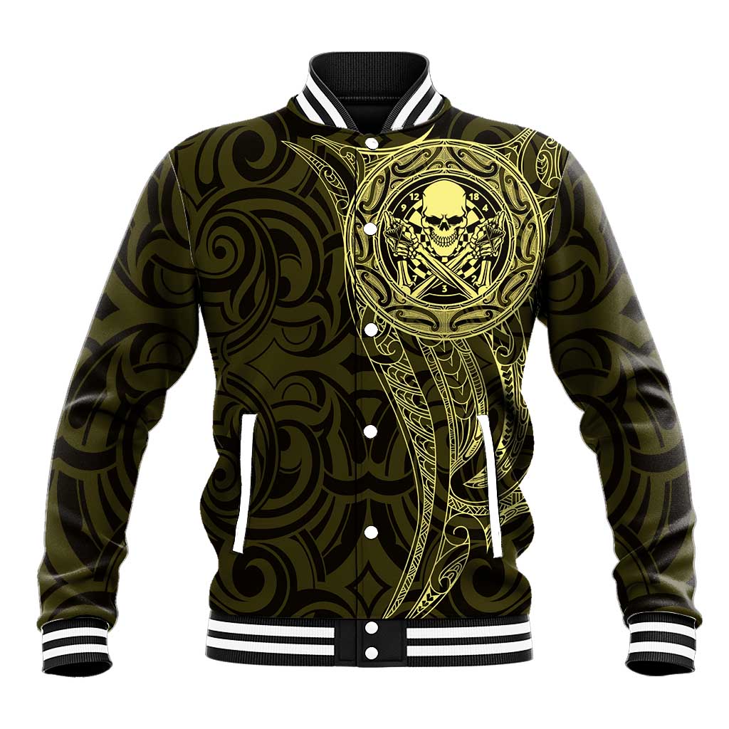 New Zealand Skull Darts Baseball Jacket Aotearoa Maori Chest Tattoo Stylized Gold - Polynesian Pride