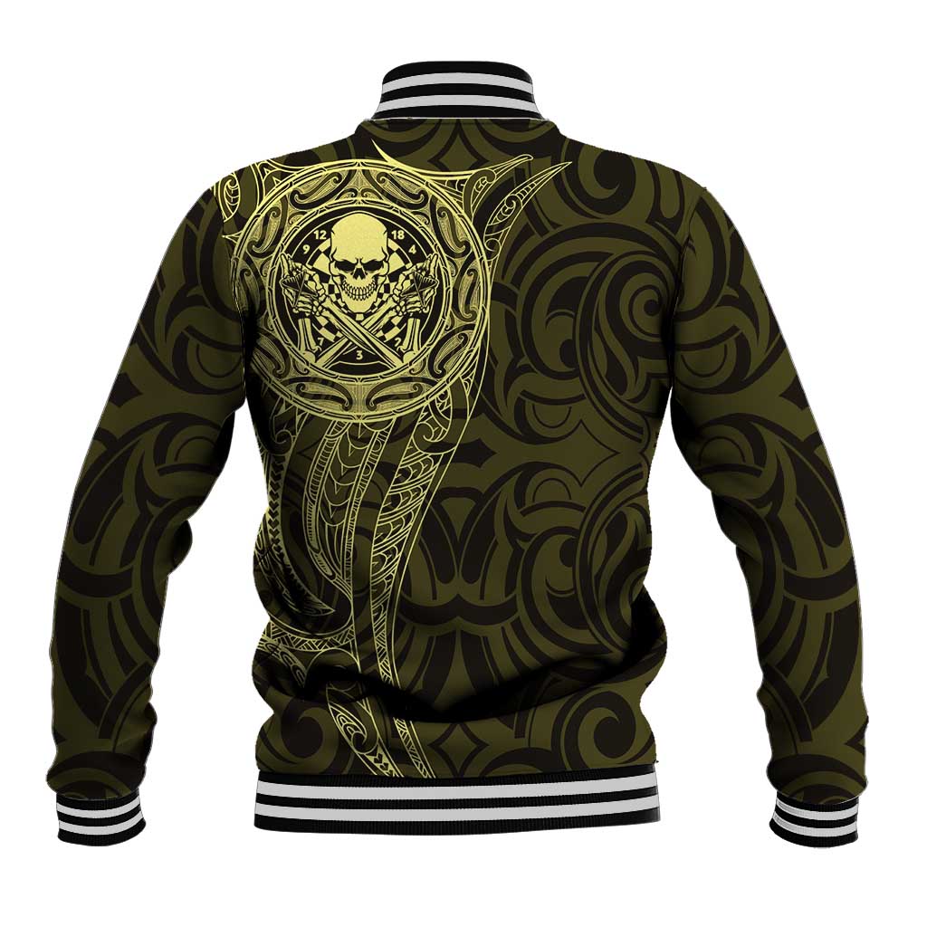 New Zealand Skull Darts Baseball Jacket Aotearoa Maori Chest Tattoo Stylized Gold - Polynesian Pride