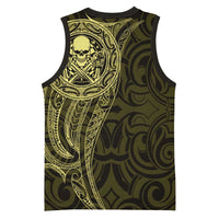 New Zealand Skull Darts Basketball Jersey Aotearoa Maori Chest Tattoo Stylized Gold - Polynesian Pride