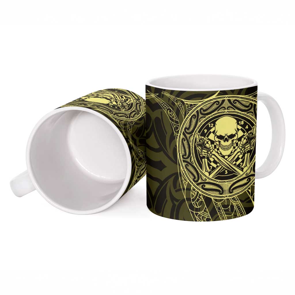 New Zealand Skull Darts Ceramic Mug Aotearoa Maori Chest Tattoo Stylized Gold - Polynesian Pride