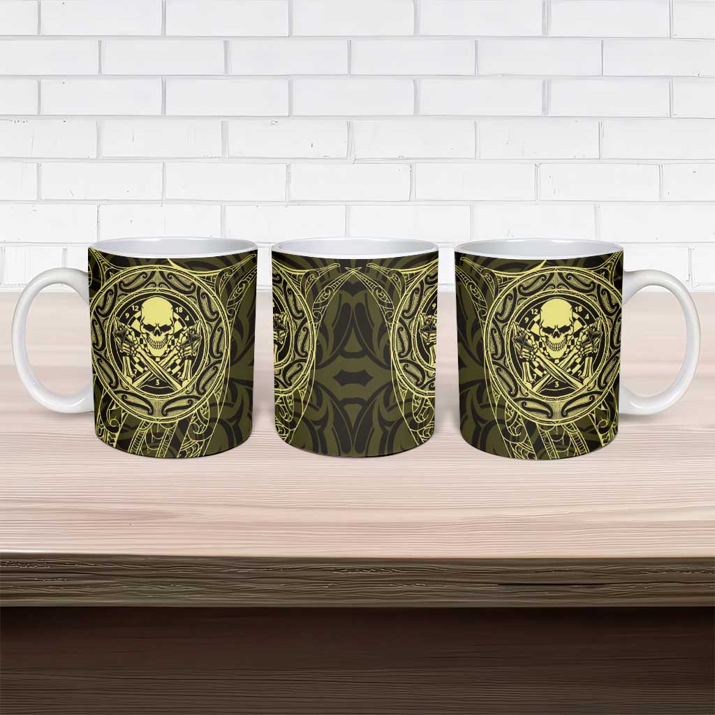 New Zealand Skull Darts Ceramic Mug Aotearoa Maori Chest Tattoo Stylized Gold - Polynesian Pride
