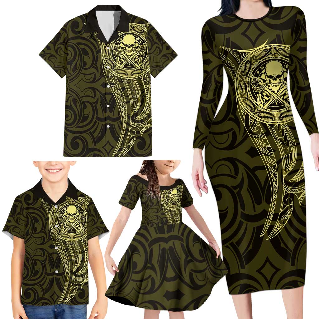 New Zealand Skull Darts Family Matching Long Sleeve Bodycon Dress and Hawaiian Shirt Aotearoa Maori Chest Tattoo Stylized Gold - Polynesian Pride