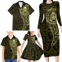 New Zealand Skull Darts Family Matching Long Sleeve Bodycon Dress and Hawaiian Shirt Aotearoa Maori Chest Tattoo Stylized Gold - Polynesian Pride
