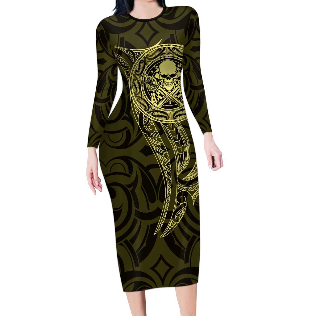 New Zealand Skull Darts Family Matching Long Sleeve Bodycon Dress and Hawaiian Shirt Aotearoa Maori Chest Tattoo Stylized Gold - Polynesian Pride
