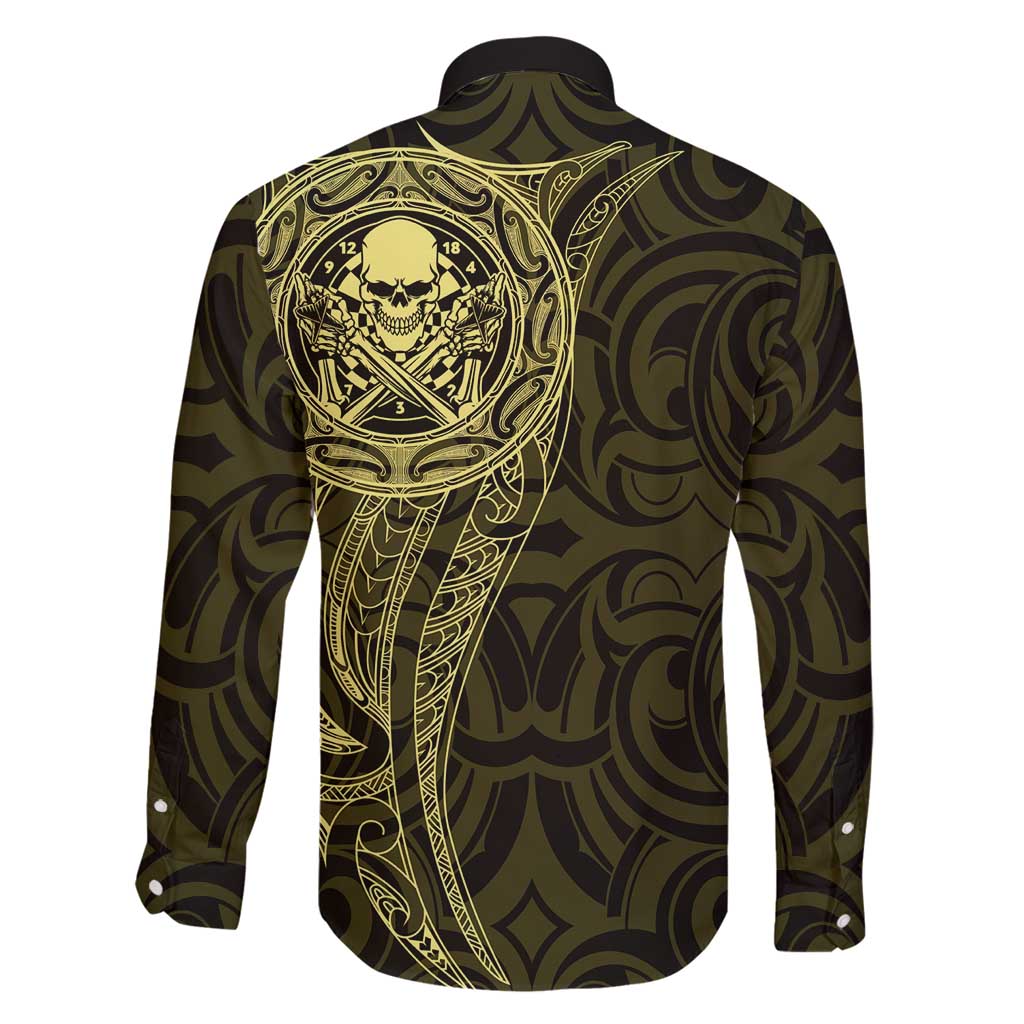 New Zealand Skull Darts Family Matching Mermaid Dress and Hawaiian Shirt Aotearoa Maori Chest Tattoo Stylized Gold - Polynesian Pride