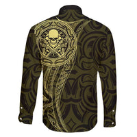 New Zealand Skull Darts Family Matching Mermaid Dress and Hawaiian Shirt Aotearoa Maori Chest Tattoo Stylized Gold - Polynesian Pride