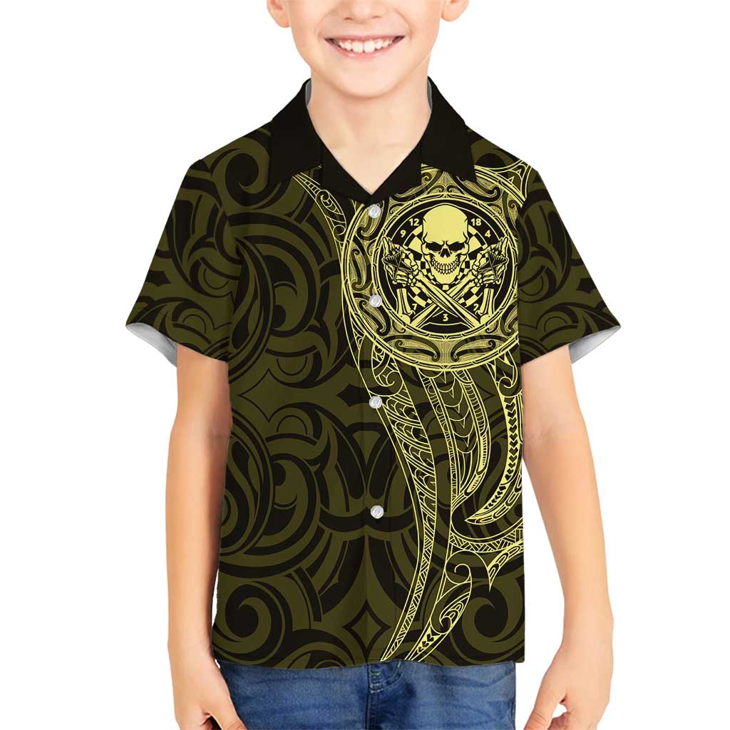 New Zealand Skull Darts Family Matching Puletasi and Hawaiian Shirt Aotearoa Maori Chest Tattoo Stylized Gold - Polynesian Pride