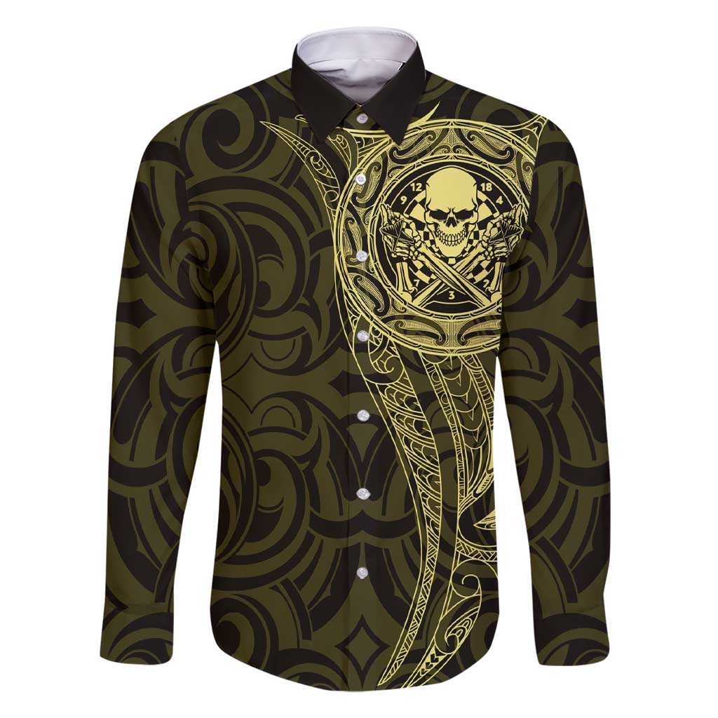 New Zealand Skull Darts Family Matching Short Sleeve Bodycon Dress and Hawaiian Shirt Aotearoa Maori Chest Tattoo Stylized Gold - Polynesian Pride