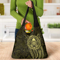 New Zealand Skull Darts Grocery Bag Aotearoa Maori Chest Tattoo Stylized Gold - Polynesian Pride